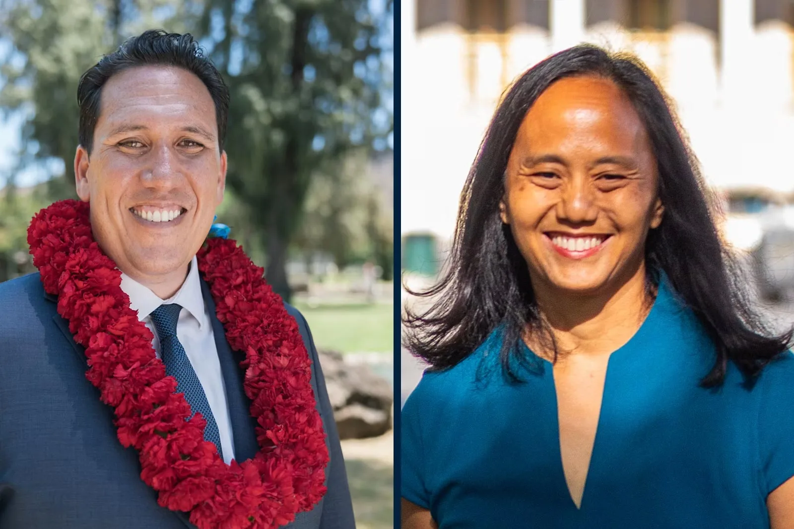 featured-image-ihsn-jarrett-keohokalole-della-au-belatti Side-by-side portraits of Jarrett Keohokalole wearing a red lei and Della Au Belatti in a teal top, both smiling outdoors