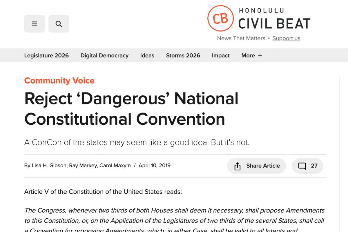 Honolulu Civil Beat: Reject ‘Dangerous’ National Constitutional Convention