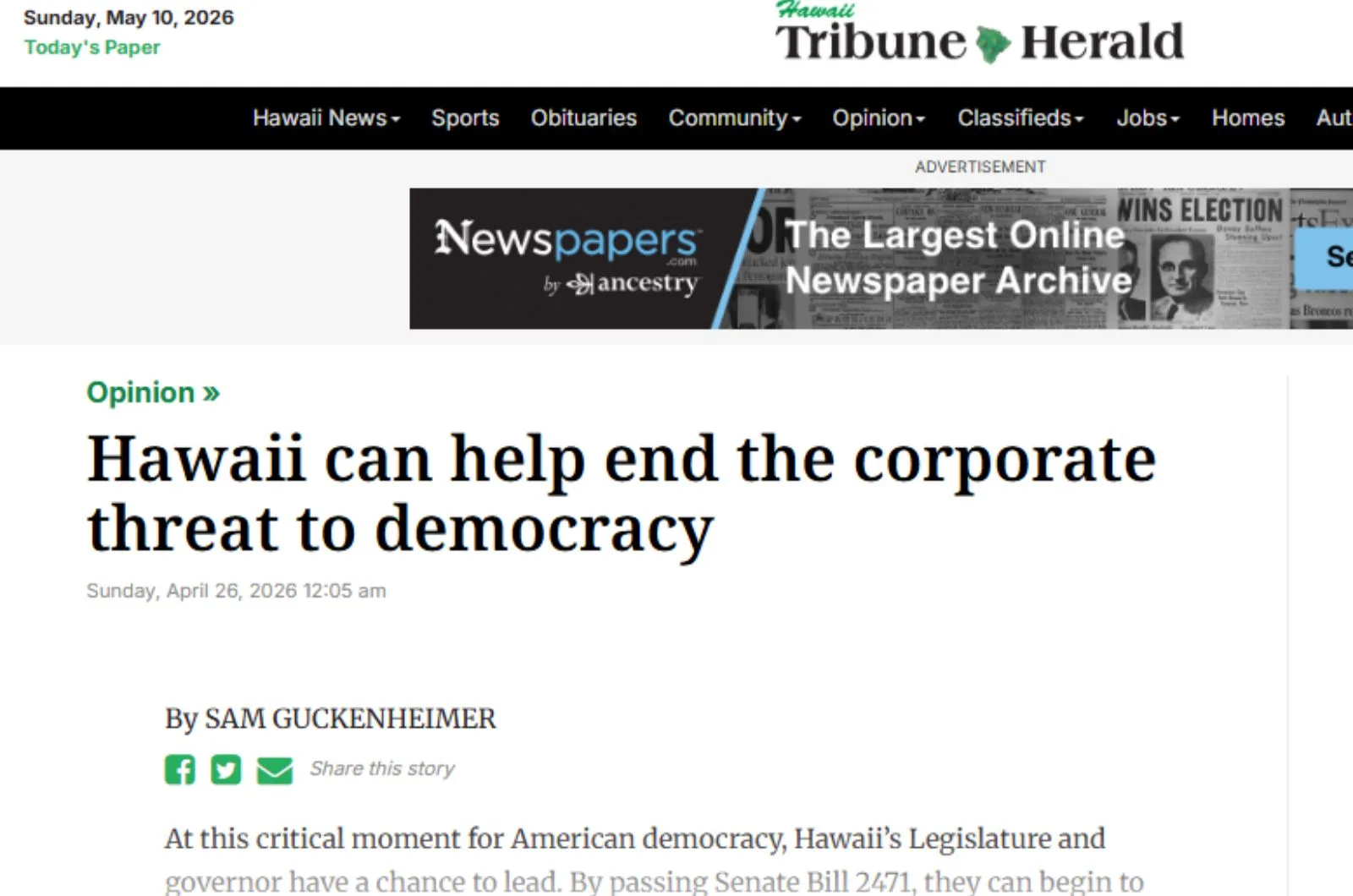 Hawaii can help end the corporate threat to democracy Screenshot from Hawaii Can Help End the Corporate Threat to Democracy