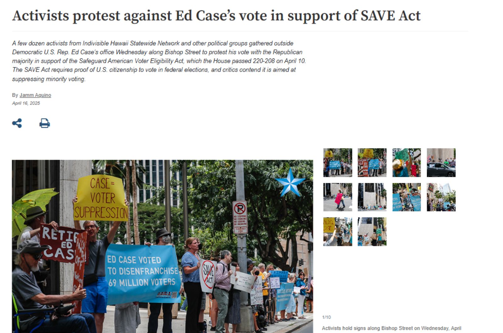 Star Advertiser: Activists protest against Ed Case’s vote in support of SAVE Act