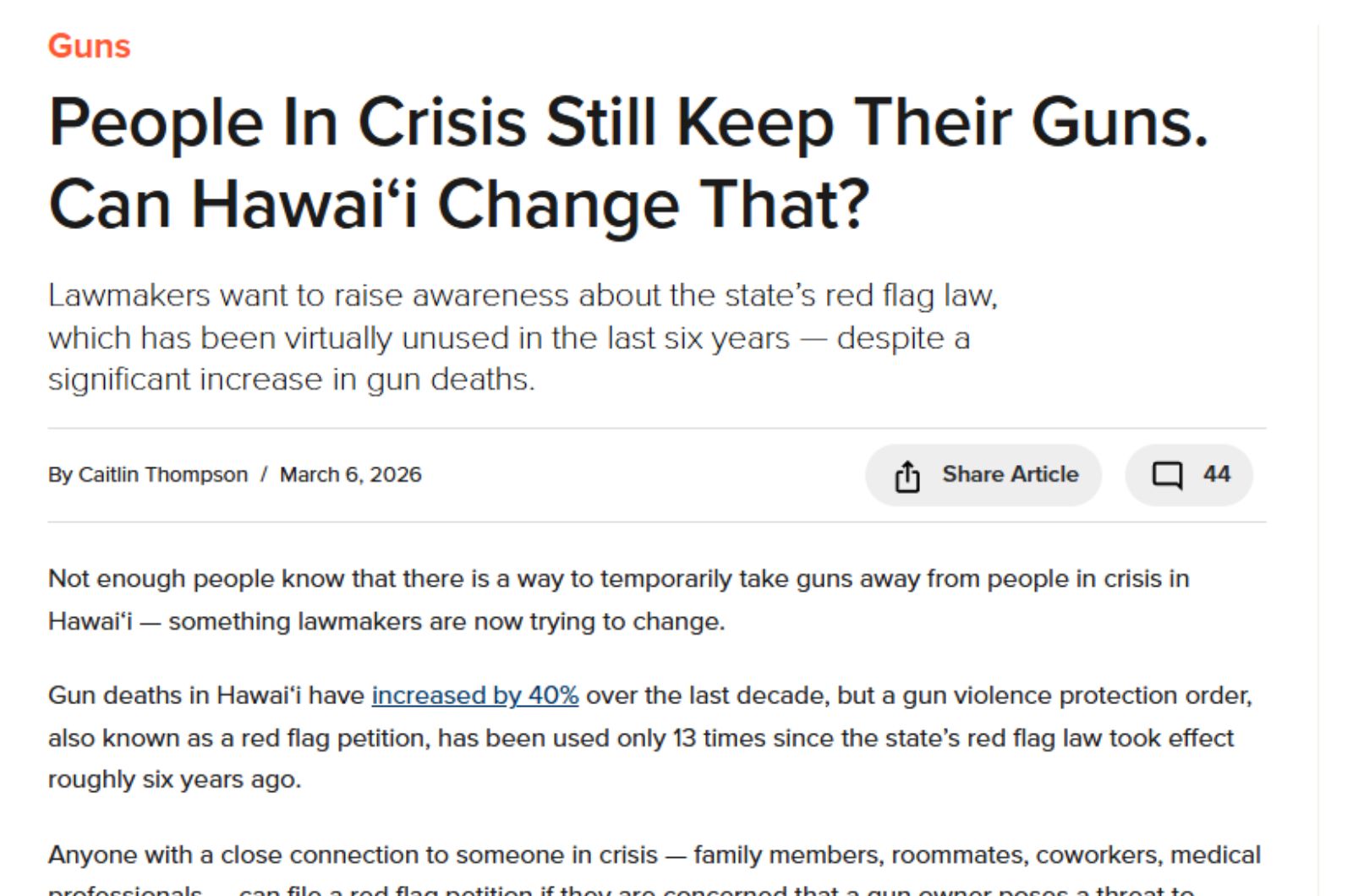 Civil Beat: People In Crisis Still Keep Their Guns. Can Hawaiʻi Change That?