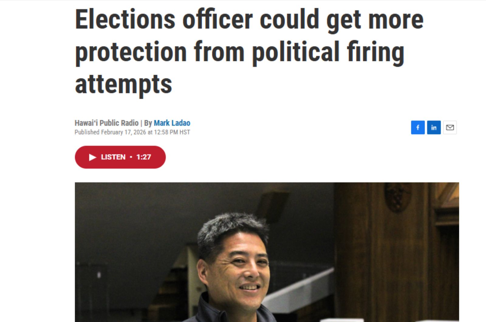 Hawai’i Public Radio: Elections officer could get more protection from political firing attempts
