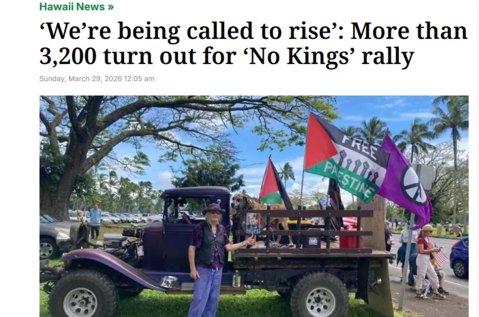 Hawaii Tribune Herald Were being called to rise – More than 3200 turn out for no kings rally Screenshot from: Hawaii-Tribune-Herald-Were-being-called-to-rise-More-than-3200-turn-out-for-no-kings-rally