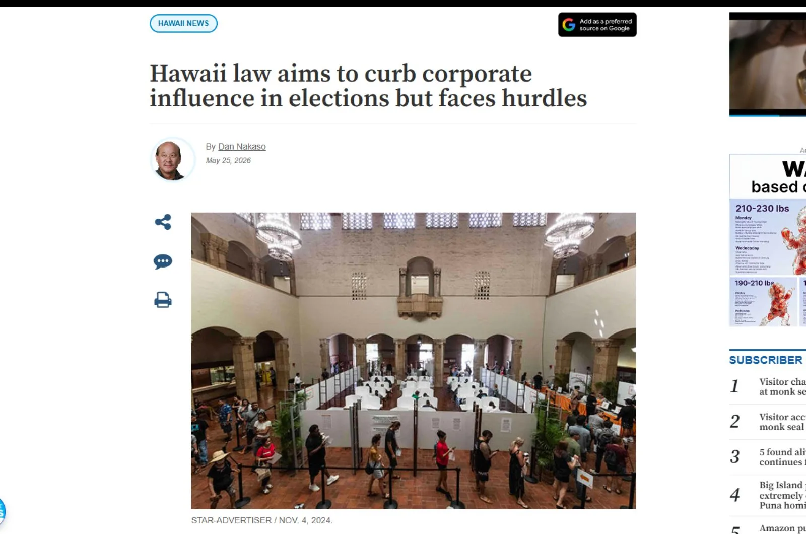 Screenshot from Hawaii law aims to curb corporate influence in elections but faces hurdles