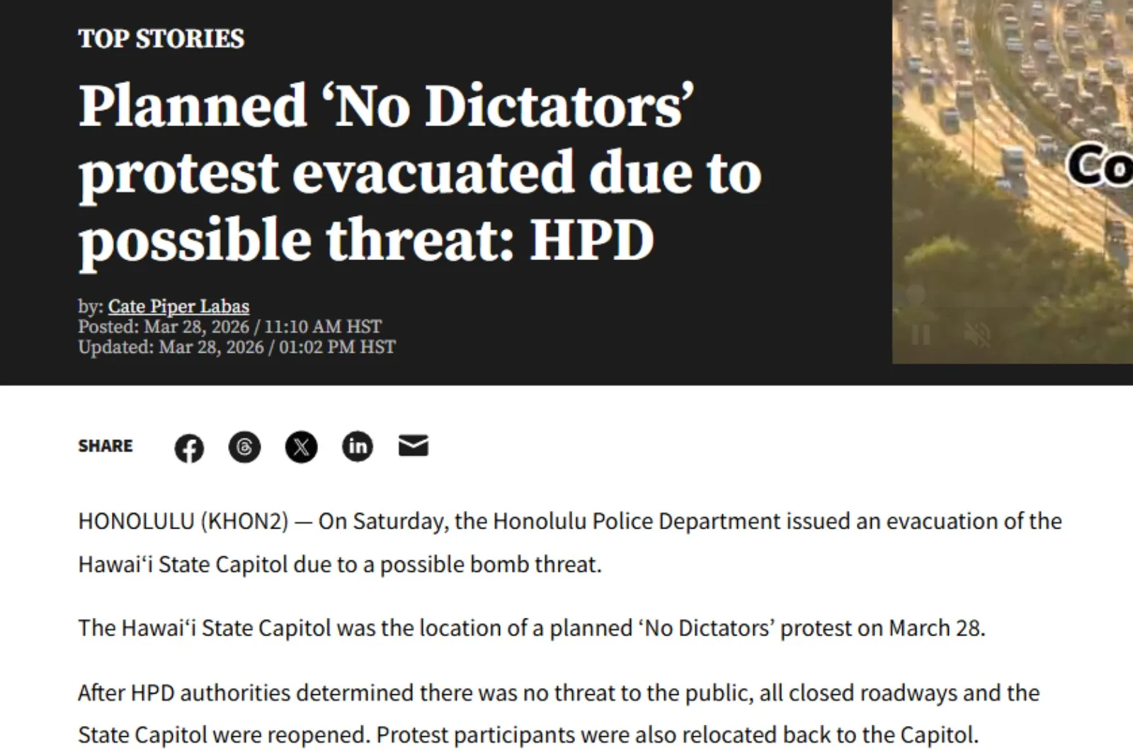 KHON2 News – Planned ‘No Dictators’ protest evacuated due to possible threat HPD Screenshot from KHON2 News - Planned ‘No Dictators’ protest evacuated due to possible threat HPD
