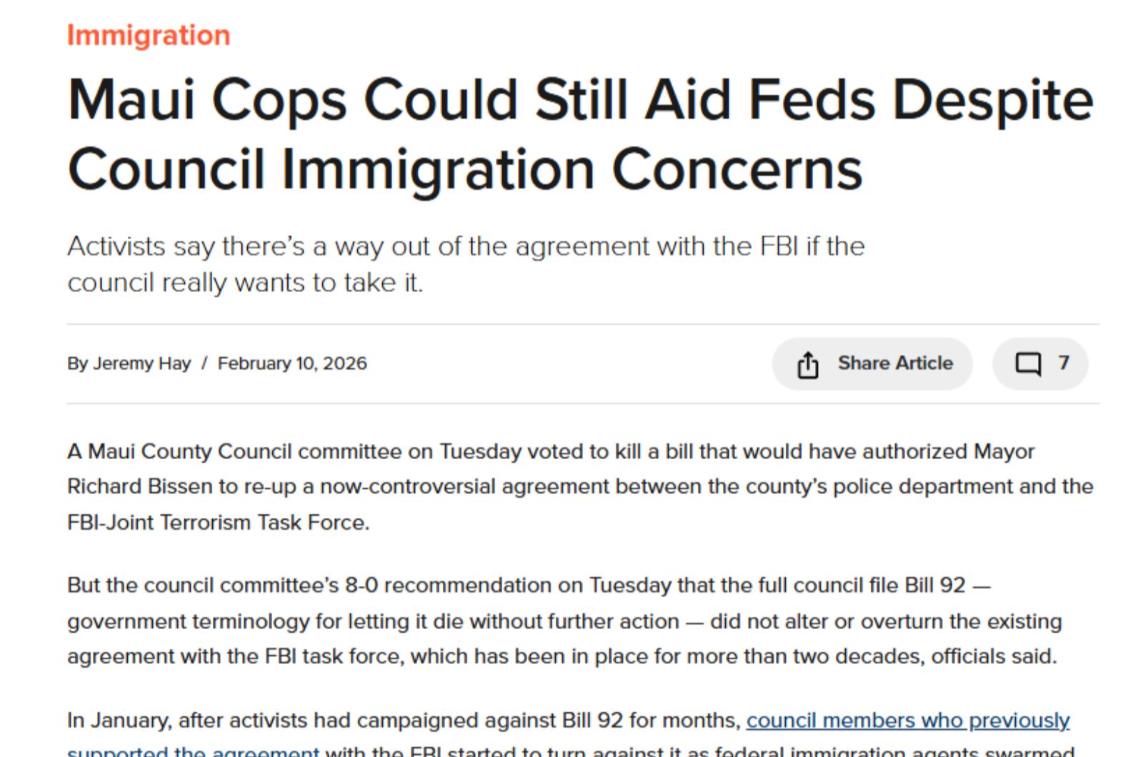 Civil Beat: Maui Cops Could Still Aid Feds Despite Council Immigration Concerns