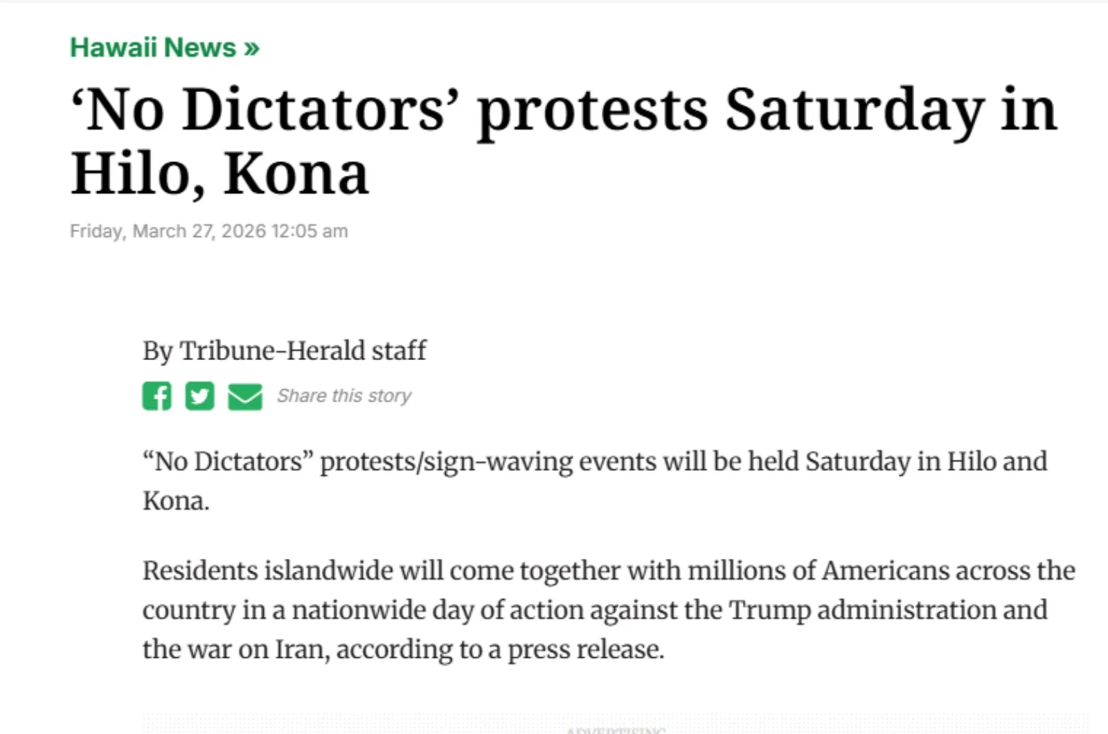 No dictators protests Saturday in Hilo Kona Screenshot from: Hawaii Tribune Herald No dictators protests Saturday in Hilo Kona