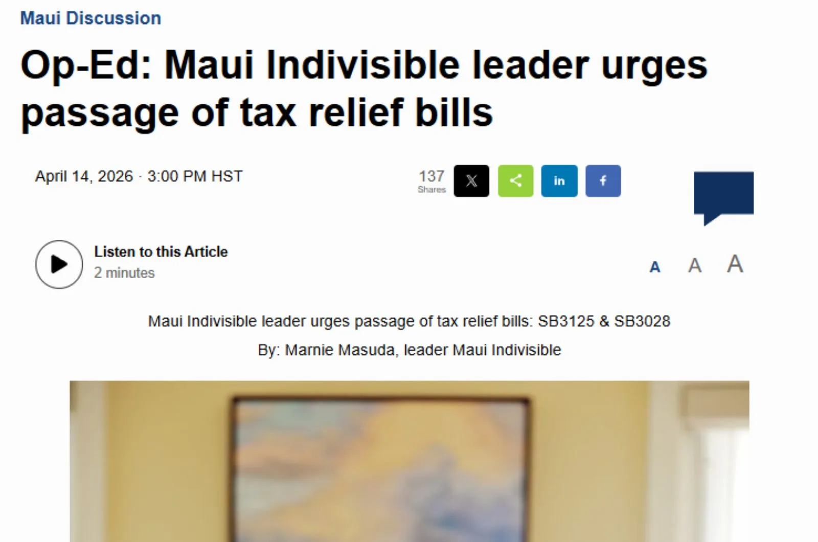 Op-Ed Maui Indivisible Leader Urges Passage of Tax Relief Bills Screenshot From Op-Ed: Maui Indivisible leader urges passage of tax relief bills