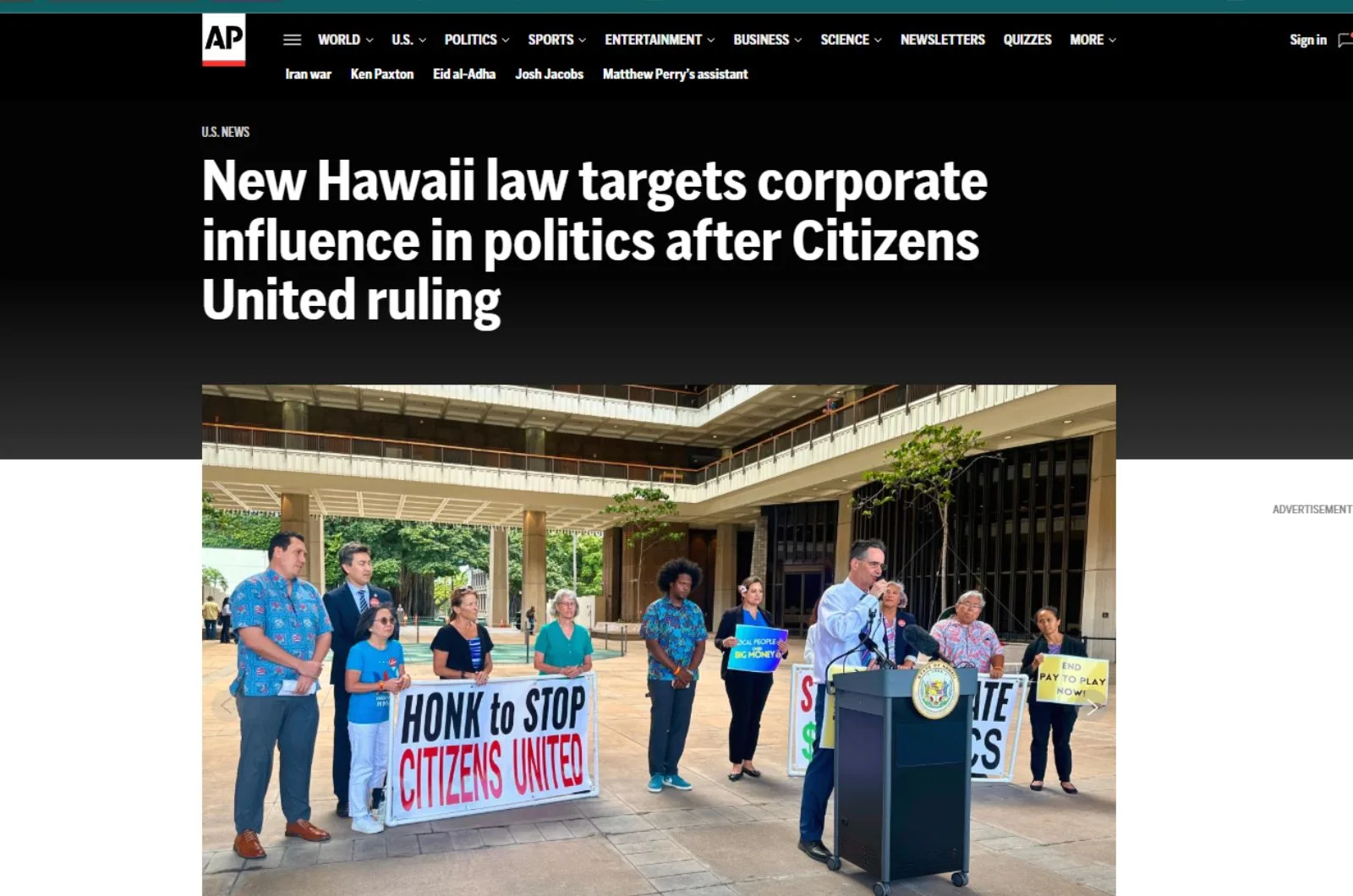 The Associated Press New Hawaii law targets corporate influence in politics after citizens united ruling Screenshot from The Associated Press New Hawaii law targets corporate influence in politics after citizens united ruling