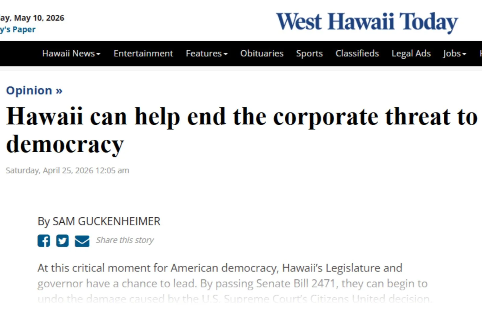 West Hawaii – Hawaii can help end the corporate threat to democracy Screenshot from Hawaii Can Help End the Corporate Threat to Democracy