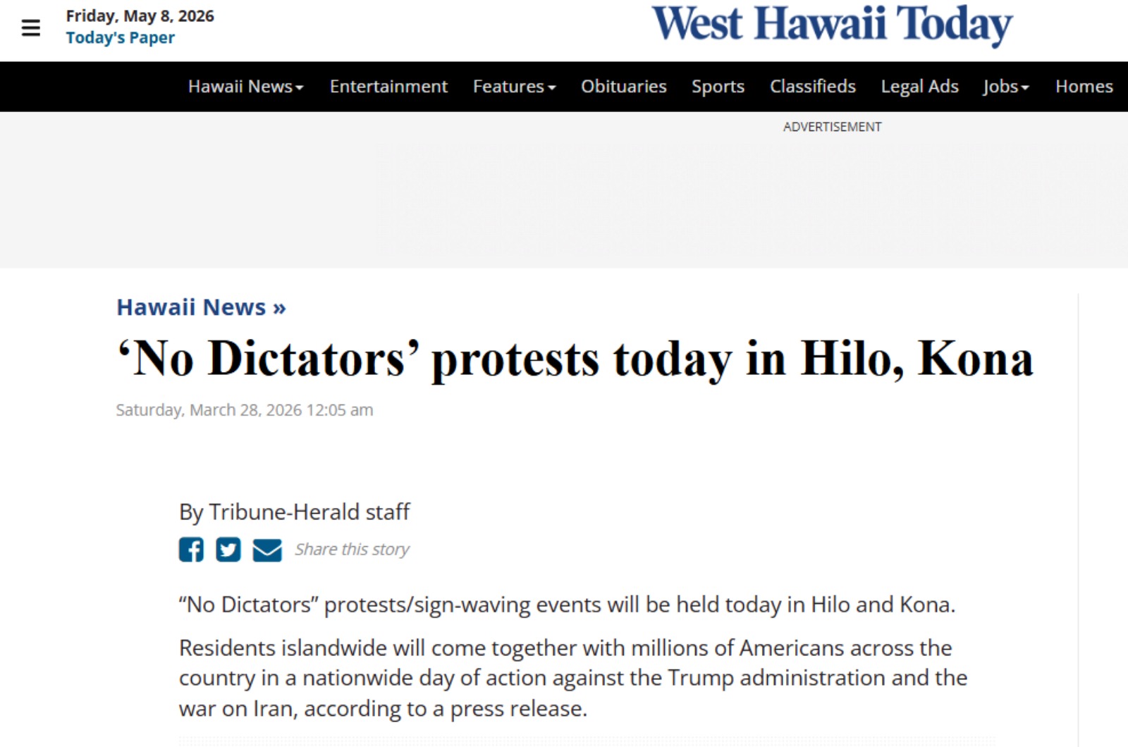 West Hawaii Today: ‘No Dictators’ protests today in Hilo, Kona