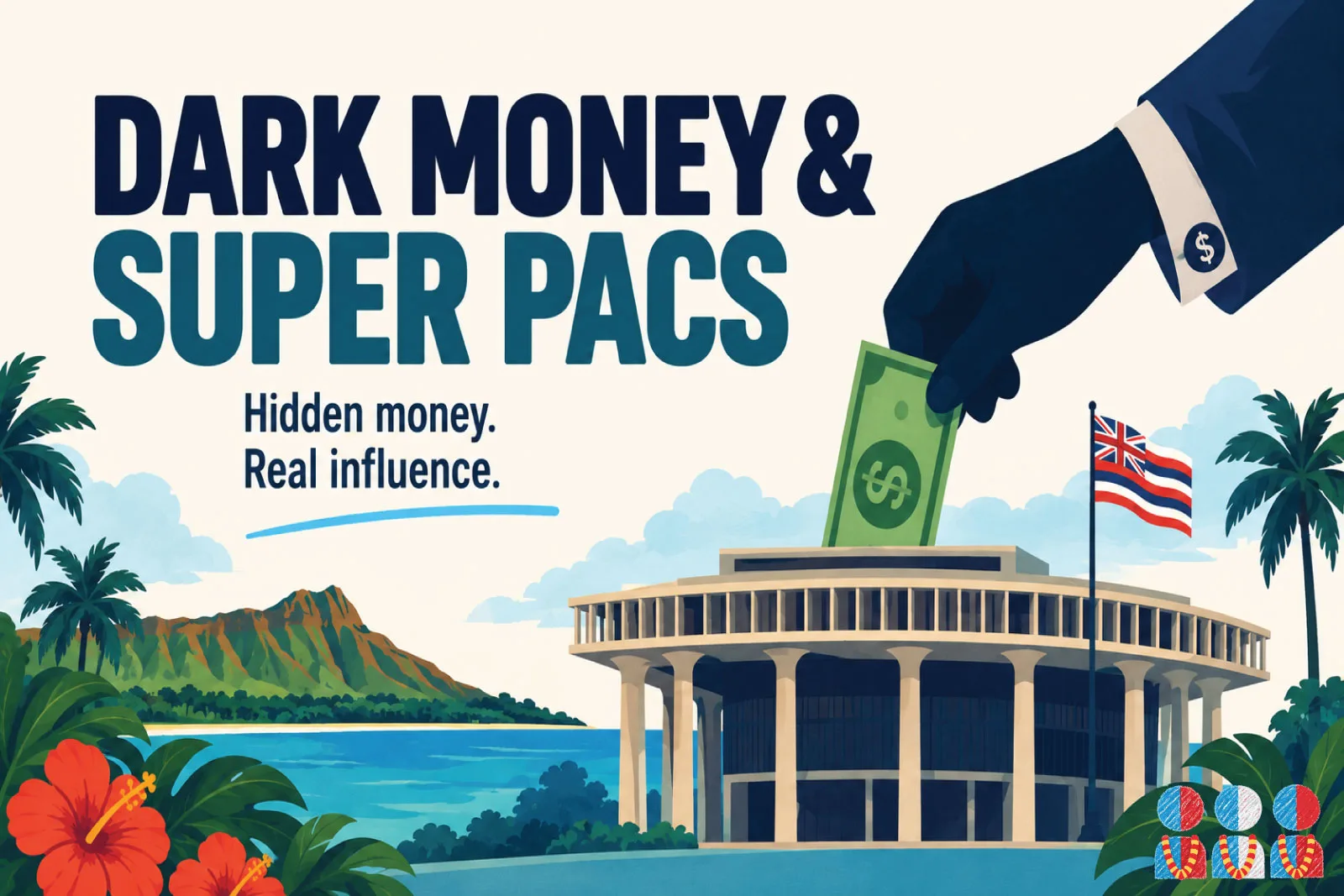 featured-image-ihsn-dark-money-super-pacs A suited hand drops cash into the Hawaiʻi State Capitol beside the words Dark Money and Super PACs, hidden money, real influence