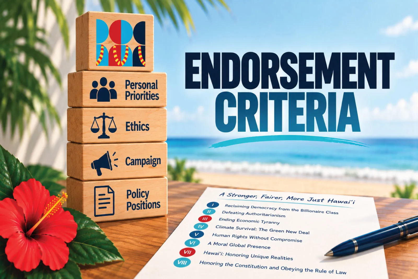 Wooden blocks labeled Personal Priorities, Ethics, Campaign, and Policy Positions beside IHSN's eight endorsement criteria list