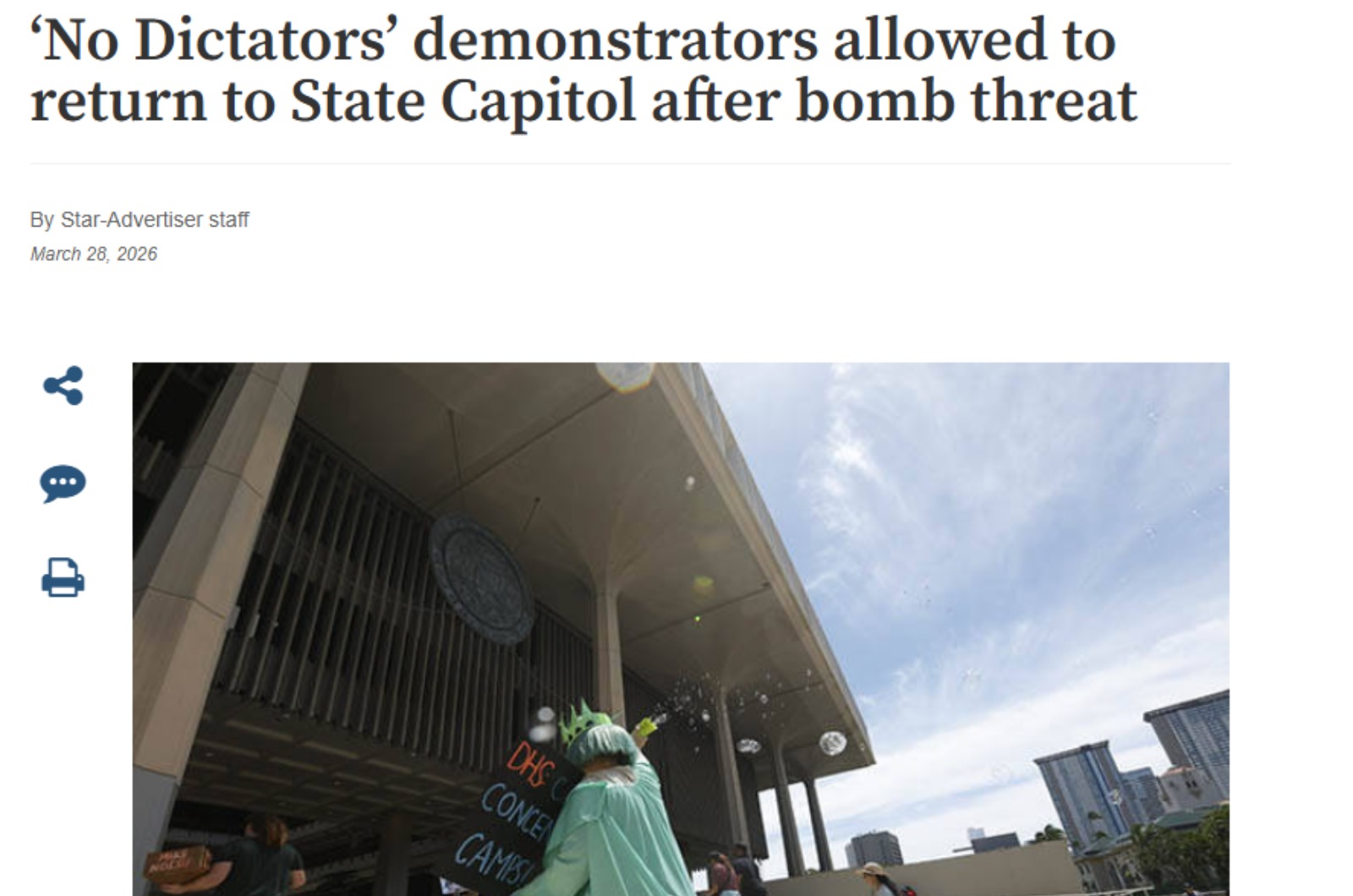 Star Advertiser: ‘No Dictators’ demonstrators allowed to return to State Capitol after bomb threat