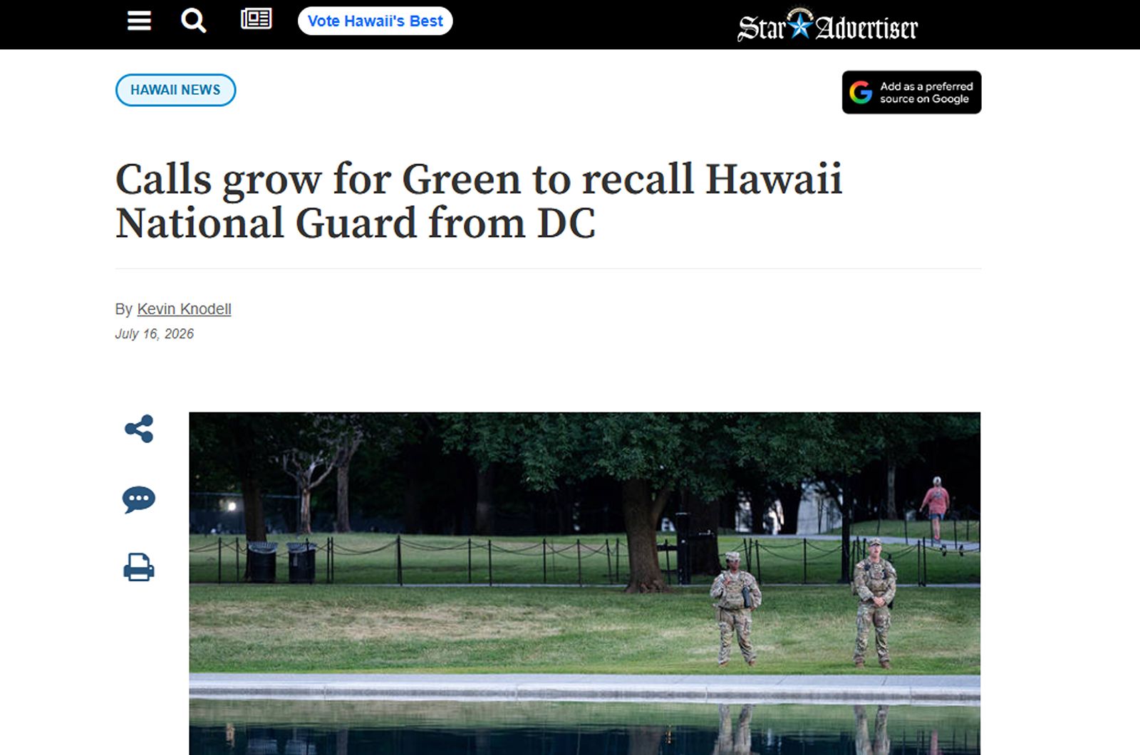 Star Advertiser: Calls grow for Green to recall Hawaii National Guard from DC