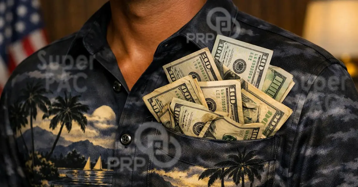 A close up of a man wearing a Hawaiian themed shirt with the dollars stuffed into the front pocket, a US flag in the background, and several opaque overlays of text showing PRP and SuperPAC.