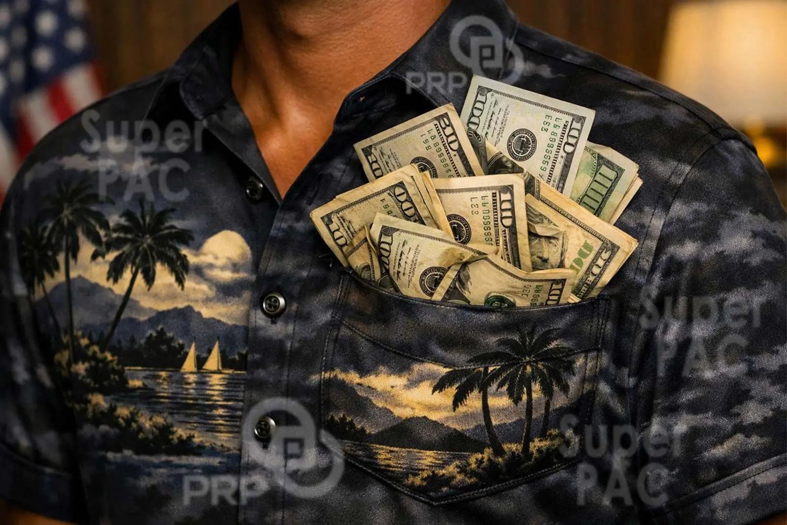 A close up of a man wearing a Hawaiian themed shirt with US dollars stuffed into the front pocket, a US flag in the background, and several opaque overlays of text showing PRP and SuperPAC.