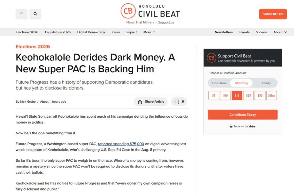 Keohokalole Derides Dark Money. A New Super PAC Is Backing Him Screenshot from: Keohokalole Derides Dark Money. A New Super PAC Is Backing Him