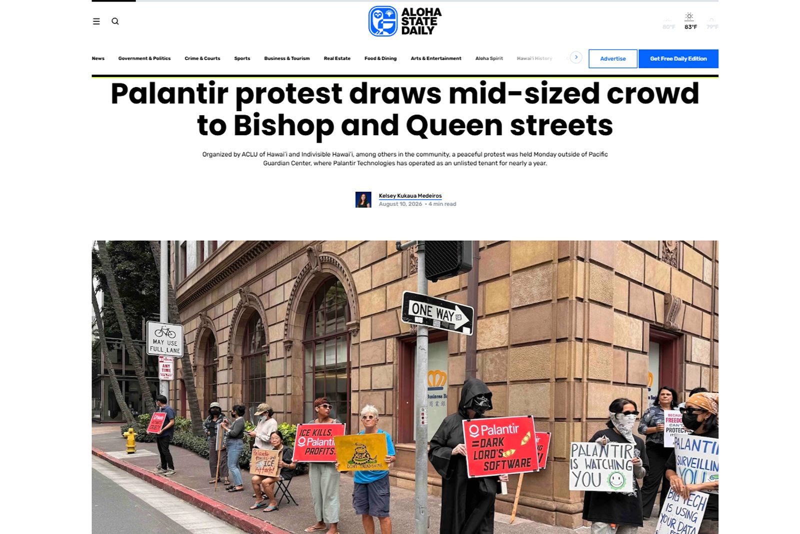 Aloha State Daily: Palantir protest draws mid-sized crowd to Bishop and Queen streets