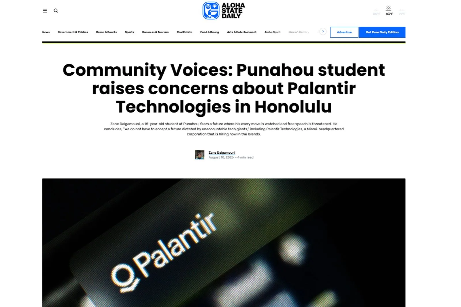 Aloha State Daily Punahou student raises concerns about Palantir Technologies in Honolulu Screenshot from Aloha State Daily Punahou studentn raises concerns about Palantir Technologies in Honolulu