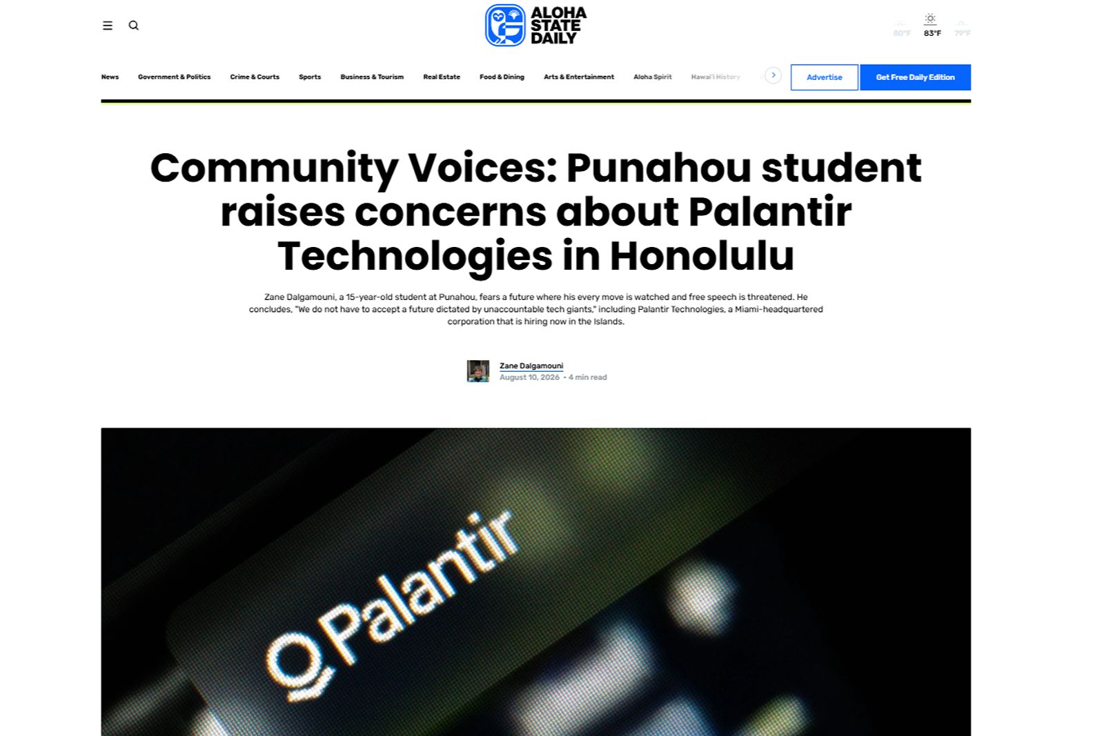Aloha State Daily: Punahou student raises concerns about Palantir Technologies in Honolulu