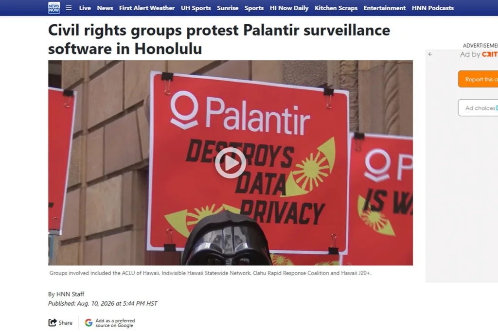 Screenshot from Hawaii News Now Civil rights groups protest Palantir surveillance software in Honolulu