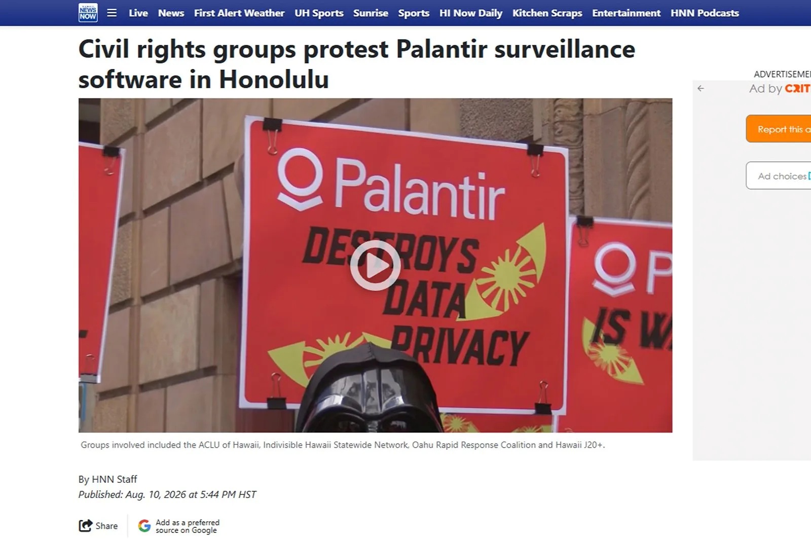 Screenshot from Hawaii News Now Indivisible Hawaiʻi joins ACLU and allies to protest Palantir’s ICE surveillance software in downtown Honolulu. Screenshot from Hawaii News Now Civil rights groups protest Palantir surveillance software in Honolulu