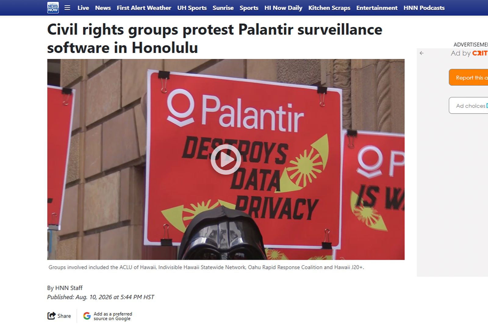 Hawai’i News Now: Civil rights groups protest Palantir surveillance software in Honolulu