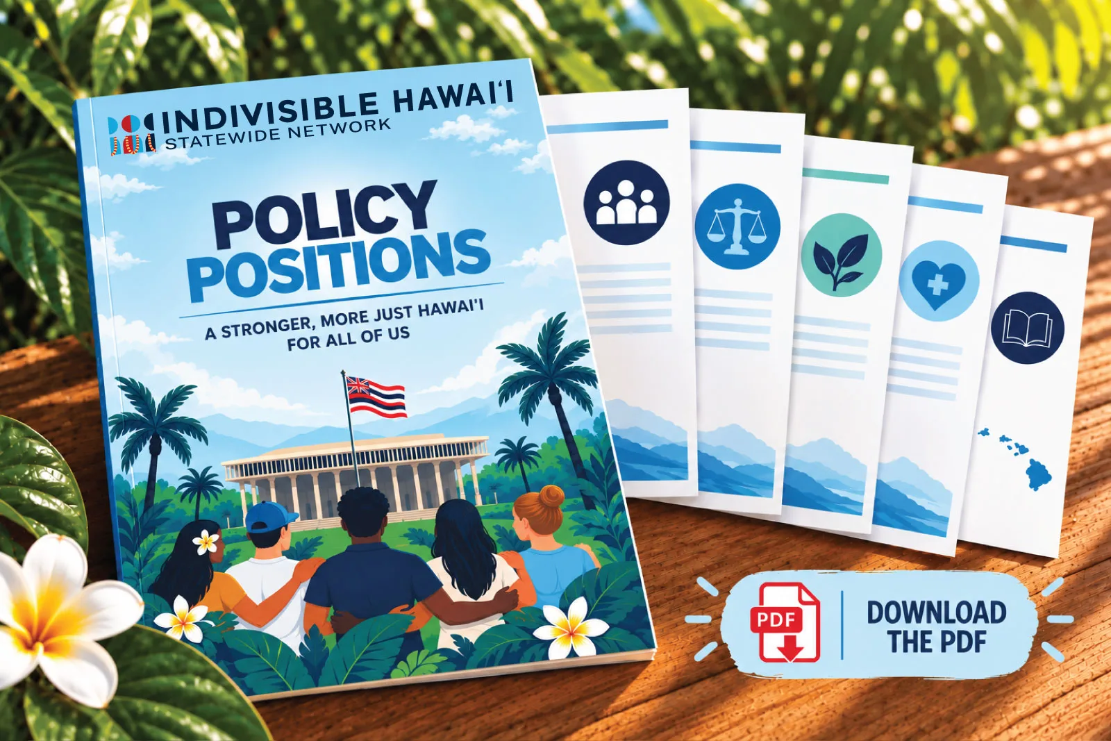 featured-image-ihsn-policy-positions-1 Indivisible Hawaiʻi Policy Positions booklet, A Stronger, More Just Hawaiʻi for All, beside five topic pages and a Download the PDF button