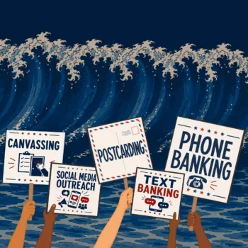 hero-image-ihsn-blue-wave-five-pillars Five diverse hands hold signs reading Canvassing, Social Media Outreach, Postcarding, Text Banking, and Phone Banking in front of a large stylized blue wave