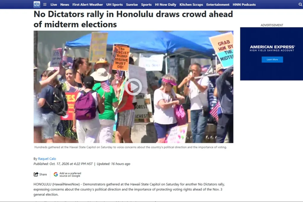 Screenshot from Hawaii News Now No Dictators rally in Honolulu draws crowd ahead of midterm elections Screenshot from Hawaii News Now No Dictators rally in Honolulu draws crowd ahead of midterm elections