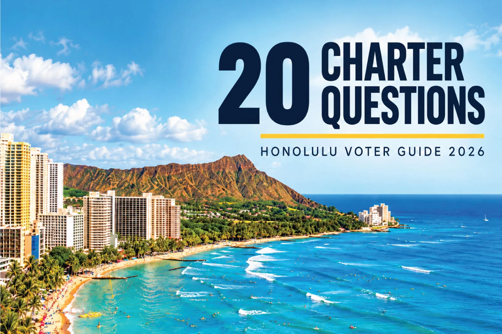honolulu-charter-amendments-2026-voter-guide-1 Aerial view of Waikīkī Beach and Diamond Head in Honolulu, with text reading '20 questions on your ballot: Honolulu Charter amendments 2026.'