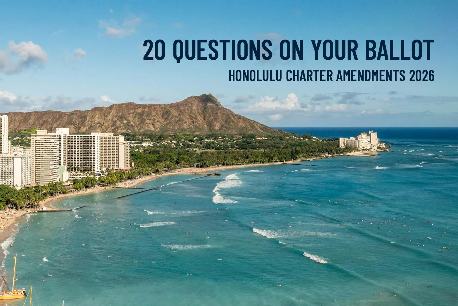 honolulu-charter-amendments-2026-voter-guide Aerial view of Waikīkī Beach and Diamond Head in Honolulu, with text reading '20 questions on your ballot: Honolulu Charter amendments 2026.'